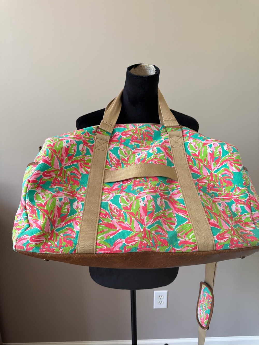 Skylite Canvas Large Weekender Bag in Turquoise Pink Floral Multiple Straps